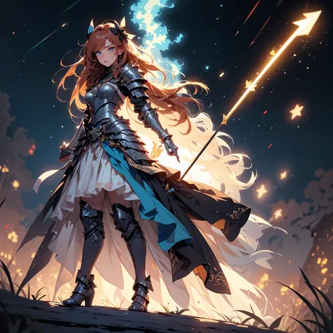 (((masterpiece, best quality, high detailed, 16k))) (1girl) A fierce and adventurous female warrior with long, flowing auburn hair and bright, determined blue eyes. Her armor is lightweight and sleek, adorned with stars and bow motifs. She carries a massiv...