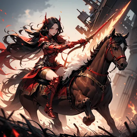 (((masterpiece, best quality, high detailed, 16k))) (1girl) A fearsome female warrior riding a crimson horse, her demonic armor a deep blood-red, with glowing embers. She wields a massive flaming sword, her eyes burning with fury. The landscape around her ...