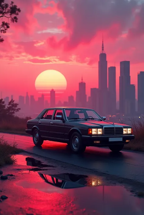 The car is parked next to the road. :: rosa sunset and city in the background :: 1980 :: Luxury style :: Hyperdetailed : ultra realistic :: cinematic :: neon lighting :: Unreal Engine :: RTX--ar 2:3, (VaZ2113),  