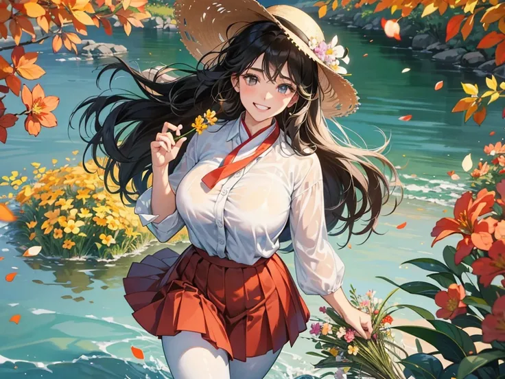 viewing from below, Petals are falling from the sky, under the warm, yellow sunlight.Standing By the river in the countryside from the 1980s CHINA.A painting filled with a sense of age, featuring a classic beauty with long black curly hair, a white shirt, ...