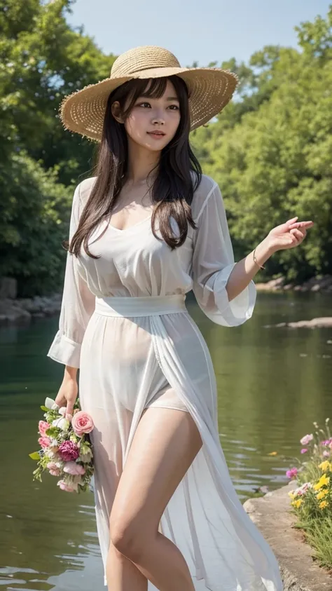 viewing from below, Petals are falling from the sky, under the warm, yellow sunlight.Standing By the river in the countryside from the 1980s CHINA.A painting filled with a sense of age, featuring a classic beauty with long black curly hair, a white see tro...