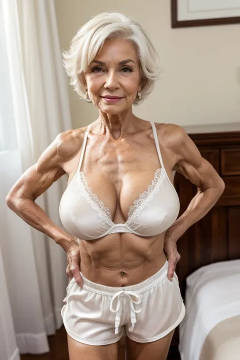 85 year old woman, very short white hair, very bronze skin, skinny muscular body with very large breast implants, wearing white pushup bra with white silk shorts, standing in bedroom 