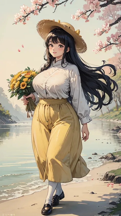 viewing from below, Petals are falling from the sky, under the warm, yellow sunlight.Standing By the river in the countryside from the 1980s CHINA.A painting filled with a sense of age, featuring a classic beauty with long black curly hair, a white see tro...