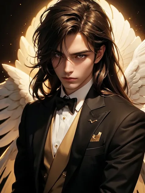 one guy, male facial features, belt art, the face is visible close up, long brown hair, formal wear, angelic massive wings behind the back, tired look, golden eyes, hourglass background,background blur, Backlight, Silhouette, 