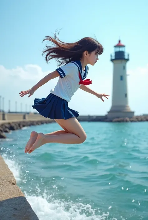 A female junior high school student in her school uniform jumps into the sea from the end of a breakwater with a lighthouse on it.　Long hair fluttering in the wind　Professional and outstanding photos　Low angle