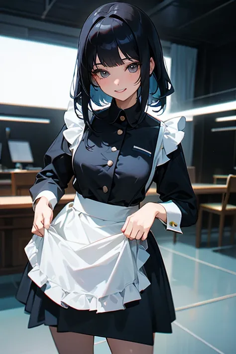 (Highest Resolution, Clear_image) Please redeem, One woman, Alone, masterpiece, Very detailed, Semi-realistic, Black Hairのショートヘア, Black Hair, bangs, 1, Mature, light blue Uniform, Uniform, Indoor Background, kind, Authoritative, Powerful, Great Features, G...