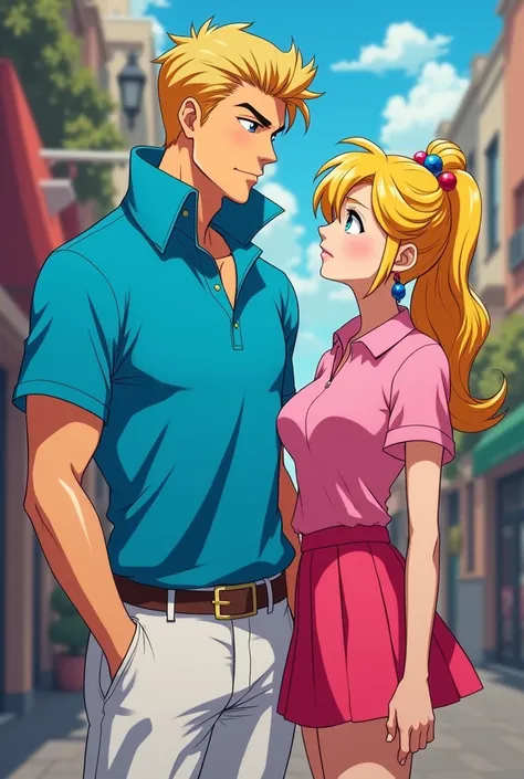 Preppy Anime Man with short blonde hair wearing a Blue Massive popped collar polo with a collar so high its taller than his head hes being a douchebag with his girlfriend Princess Peach who is wearing a bright Pink polo and a skirt