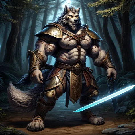 ((4K)). solo, anthro, furry, furry male, wolf,((fluffy fur, fluffy, furry body, Beard)), scars), Bearded, muscular, very fat, grey body, glowing yellow eyes, Yellow Eyes, wolf tail, detailed fluffy fur, detailed face, detailed eyes, chest,(huge pectorals:1...