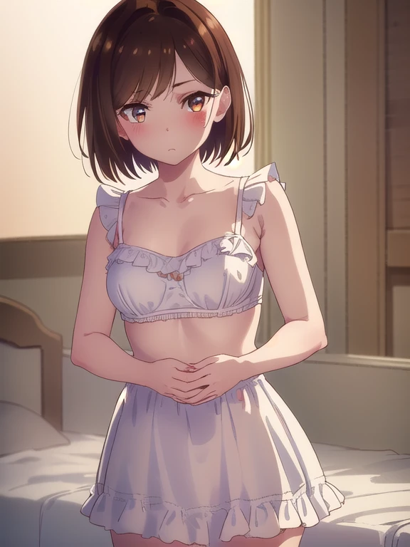 ((underwear:1.5,white frill petticoat, white frill bra)), ((Blushing,A look of shame)),((Long Bob:1.5, Shaggy,bangs, Brown Hair)),mizuharachizuru, Chizuru Ichinose, solo woman, (Brown eyes:1.5),(bedroom,bed),looking at viewer,(Cowboy Shot:1.5),(masterpiece...