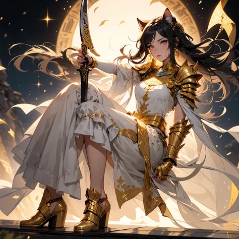 (((masterpiece, best quality, high detailed, 16k))) (1girl) A graceful warrior with feline features, her sleek black hair falling to her shoulders, eyes glowing golden like a cat’s. She wears golden armor with elegant Egyptian motifs, adorned with sharp, c...