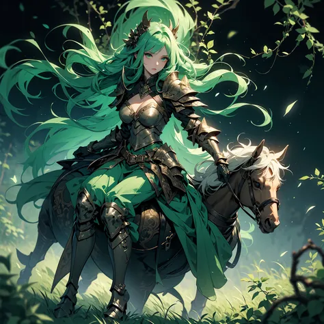 (((masterpiece, best quality, high detailed, 16k))) (1girl) A haunting figure in rusted armor, riding a sickly green horse. Her armor is corroded and her cloak billows with dark mist. In one hand, she holds a staff covered in poisonous vines, and her eyes ...