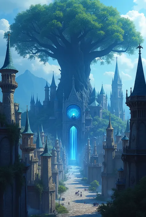 a medieval city from an RPG story, permeated with shades of blue, beautiful and magnificent buildings inside a forest, with a huge tree in the middle