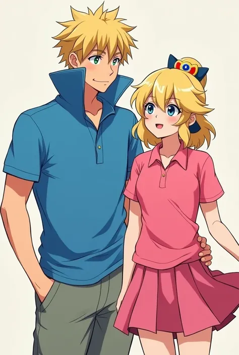 Anime Man with short blonde hair wearing a Blue Massive popped collar polo with a collar so high its taller than his head with his girlfriend Princess Peach who is wearing a bright Pink polo and a skirt
