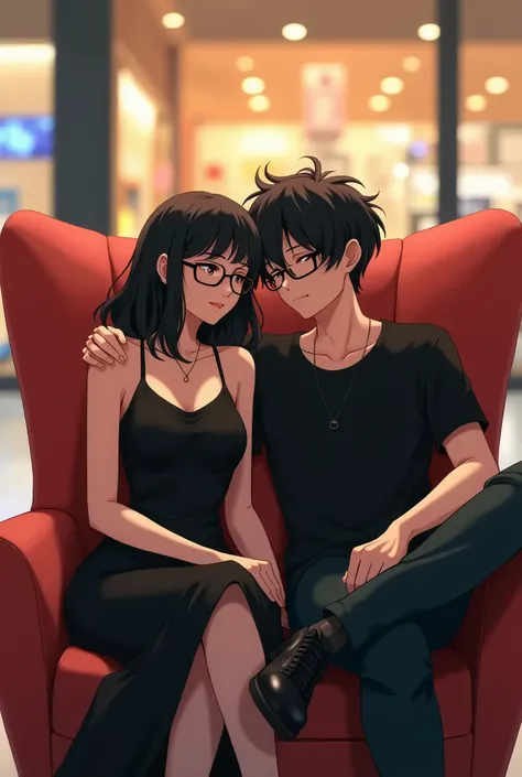 A couple sitting in a comfortable armchair in a shopping mall. The woman is taller, has slightly lighter black hair and is wearing glasses and elegant black clothes. The Man, a little lower, also has black hair, wears glasses and is dressed in an otaku sty...