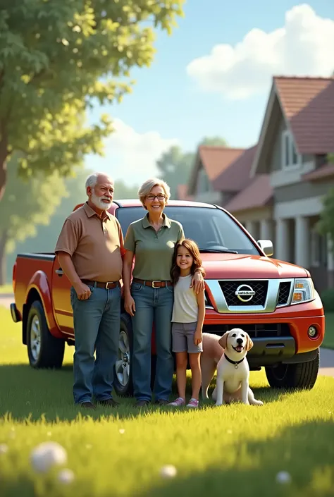 
A old white couple with their two children side by their silver pick-up Nissan Frontier , with their dog on a sunny day, with a very green lawn, and neighbors nearby.