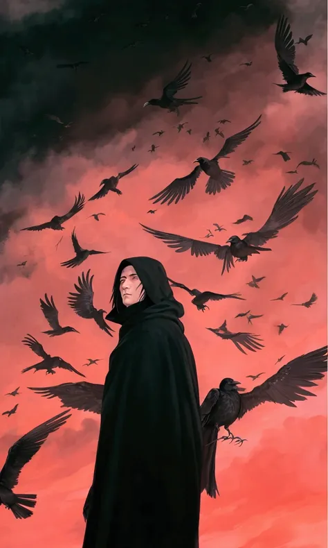 painting of a man in a black cloak and a flock of birds, itachi uchiha, crows, crows as a symbol of death, swarms of ravens, black wings instead of arms