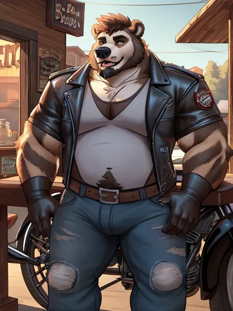 Anthro Grizzly bear male, Biker leathers, Blue Motorcycle, BEarded, Brown Fur, Harley Davidson, Country bar