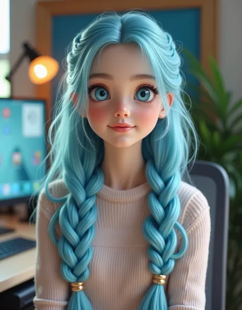 front view, Young and petite woman, Long flowing light blue hair, mermaid braids, sitting in the YouTube studio, computer desk, office chair, filming vlog, looking forward, peach lip gloss, Blue eyes, small and perky breasts, small frame, button nose, beau...