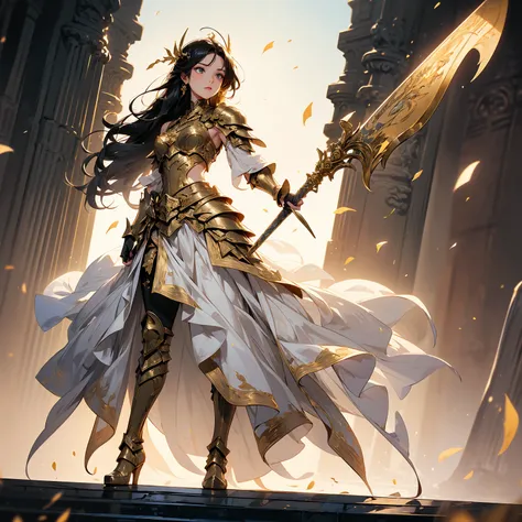 (((masterpiece, best quality, high detailed, 16k))) (1girl) A regal female warrior with sleek, black hair tied into an elegant braid. Her armor is a perfect balance of gold and silver, with scales of justice adorning her chestplate and shoulders. She wield...