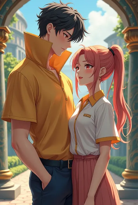 Anime Prince wearing a Massive Popped Collar Polo with a collar so high its taller than his head with his girlfriend