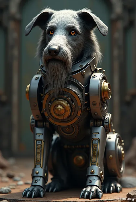 A highly detailed metal robotic bearded collie,  fantastic creature, little, beautiful, adorable, Intricate gears, intricate mechanisms, complex machinery, ornate design, fantastic elements, dramatic lighting, photorealistic, 8K, high quality, masterpiece