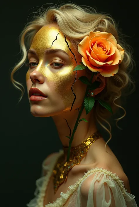 
A surreal depiction of a golden-faced woman with broken cracks from which a delicate rose blooms. The woman has wavy blonde hair and a dreamy, artsy appearance. The background is dark, which creates a strong contrast between her golden skin and the bloomi...