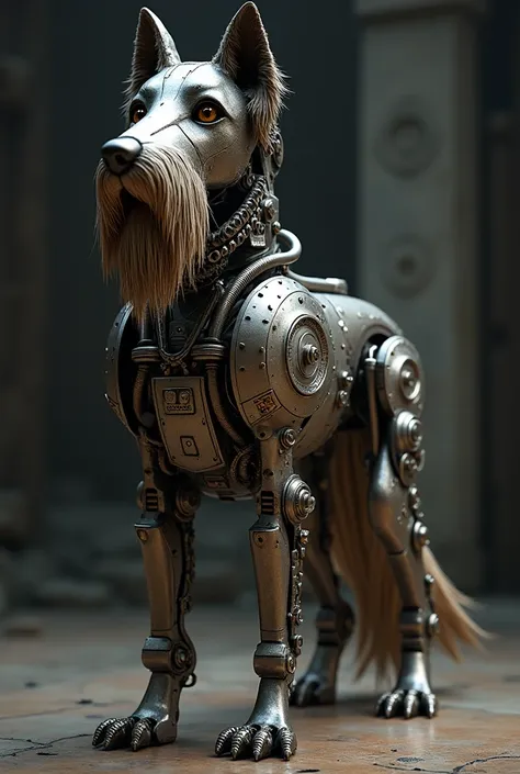 A highly detailed metal robotic bearded collie,  fantastic creature, little, beautiful, adorable, Intricate gears, intricate mechanisms, complex machinery, ornate design, fantastic elements, dramatic lighting, photorealistic, 8K, high quality, masterpiece