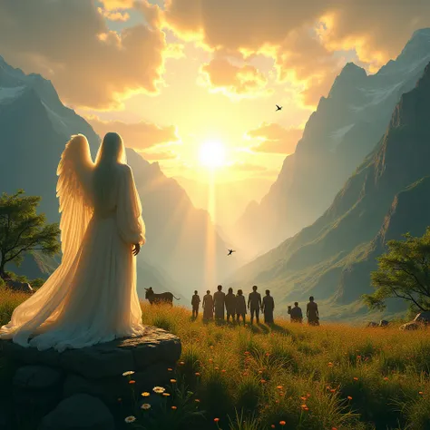 A breathtaking, ultra-realistic, and cinematic scene showing a vast, ancient landscape during the dawn of creation. The scene includes a radiant sunrise casting golden light across a lush, serene valley, with towering mountains in the background. In the fo...