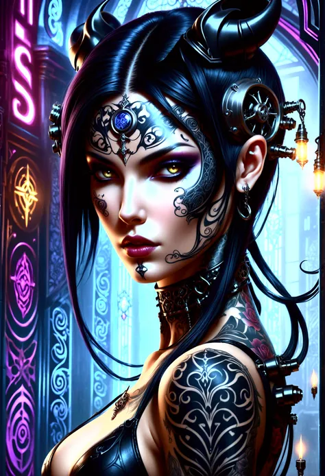 woman with tattoos on her body, seductive cyberpunk dark fantasy, in style of anne stokes, ornamental gothic - cyberpunk, inspired by Anne Stokes, gothic fantasy art, deviantart artstation cgscosiety, beautiful succubus, goth girl, dark fantasy mixed with ...