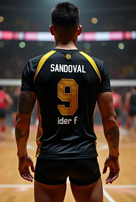 Volleyball Uniform, With white colors, gold and black, that black color predominates, our it to the spectator from the back , with the word Sandoval in small letters on the upper back in white with gold edges and below that word the number 9 in large lette...