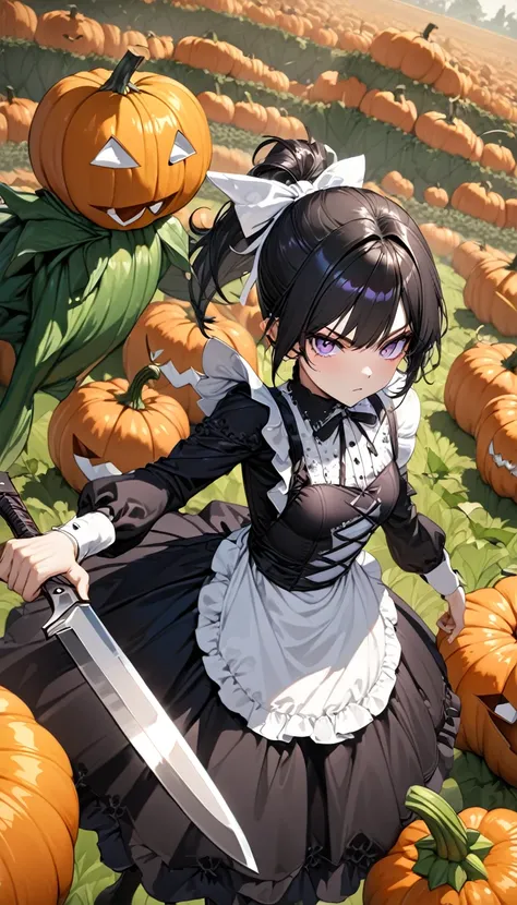 ((masterpiece)、(absurdres)、(ultra detailed)、(8k),Anatomically correct,solo lady,shiny black hair,shiny purple eyes,short highponytail,(1white ribbon;1.1),(small breast:0.9),(Gothic dress:1.1),apron,Pumpkin field,Pumpkin Monster,Pumpkin monster,serious,Hold...