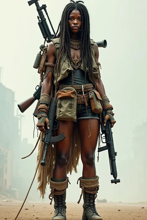 surreal, unreal, 1 woman, one woman, front view, looking to camera, dressed in urban tribal attire, dread hair, leather boots, loaded with guns, armed with a large amount of weapons in both hands, loaded with bombs, grenades, rockets, a rifle on his back, ...