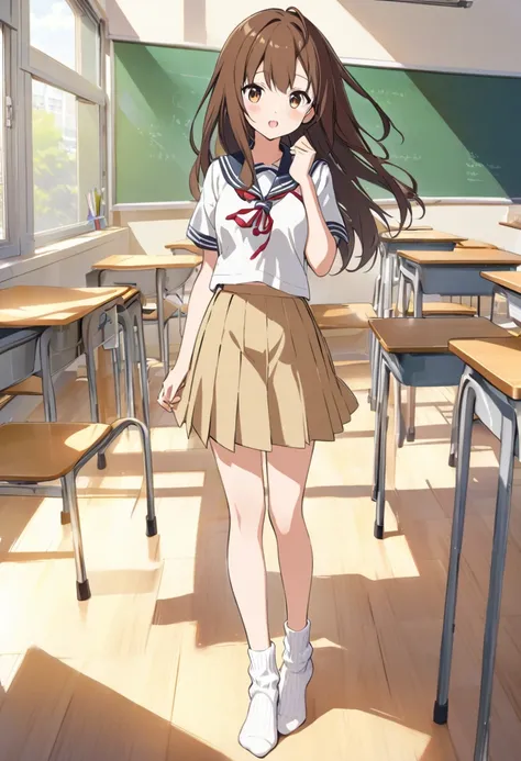 ((Character design sheet))Best Quality.Cute brown haired school girl.White ribbed ankle socks.The length of the socks is the same on both sides.School.classroom.lunch.I&#39;m the only one eating alone