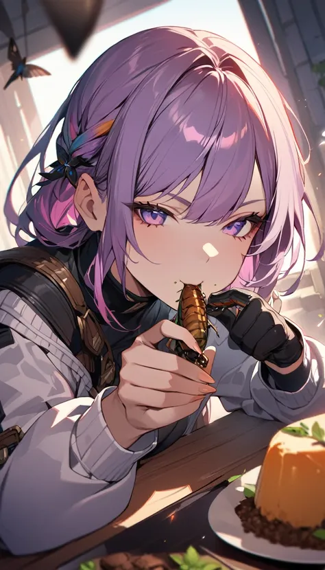 1girl, Sitting Girl, meal, (Eating insects:1.4), smug_ness, fantasy_clothed, close_up of body, (Chewing on insects:1), (masterpiece, ultra_detailed), (Ultra HD:1.3), eating, (Blood from insects:1.1), swallow, rainbow_Hair