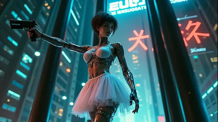 futuristic woman in tutu with gun in futuristic city, cyberpunk skeleton, cyberpunk robot, cyberpunk vibes, fashionable cyberpunk mechanoid, cyber skeleton, muted cyberpunk style, has cyberpunk style, cyborg girl, cyborg fashion model, in cyberpunk style, ...