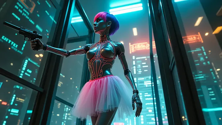 futuristic woman in tutu with gun in futuristic city, cyberpunk skeleton, cyberpunk robot, cyberpunk vibes, fashionable cyberpunk mechanoid, cyber skeleton, muted cyberpunk style, has cyberpunk style, cyborg girl, cyborg fashion model, in cyberpunk style, ...