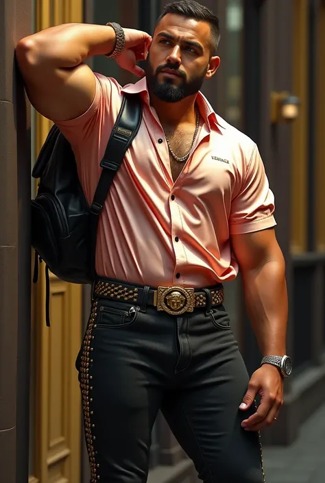 backside close up masterpiece, Better quality, ultra detailed, muscle shirt, short beard,  29 years old, checkpoint rpg , in London, elegant fashion Rose gold  shirt con logo de versace,,  extremely detailed description,  Detailed eyes, muscular, stocky im...