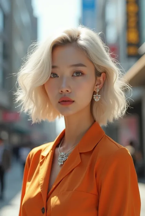 a beautiful korean girl with platinum blonde curly bob haircut, orange collar shirt, posing in city, 8k german art bokeh, well-proportioned body, beautiful young korean woman, beautiful necklace, soft 8k portrait, korean girl, double and narrow eyes, beaut...