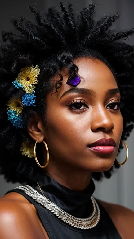 uma mulher com um grande afro hair usando um colar, afro, black woman, , Afro-americano, , afro futurist, com afro, afro hair,, bela, photo of a black woman, African black princess, African-American woman, afro futurism, stunning woman, Dark skin,,,Perfect...