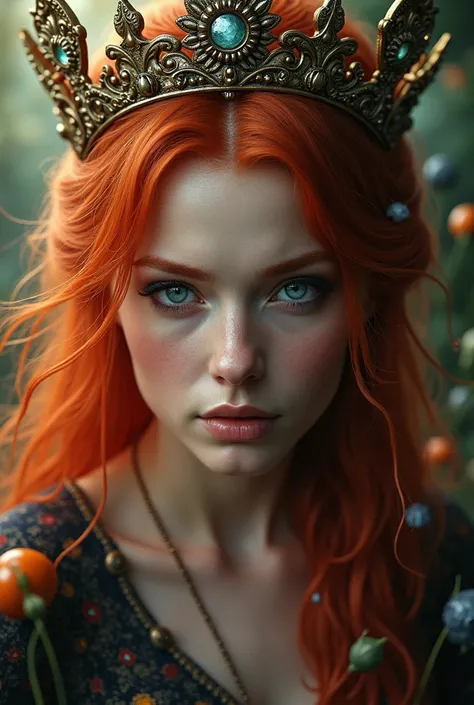 a beautiful redheaded woman wearing a crown, octane, Houdini, visual effects, detailed, 4k, by samdoesarts, photorealistic, extremely detailed face and eyes, high quality, concept art, dramatic lighting, fantasy, intricate details, vibrant colors, digital ...