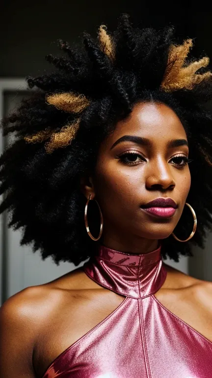 uma mulher com um grande afro hair usando um colar, afro, black woman, , Afro-americano, , afro futurist, com afro, afro hair,, bela, photo of a black woman, African black princess, African-American woman, afro futurism, stunning woman, Dark skin,,,Perfect...