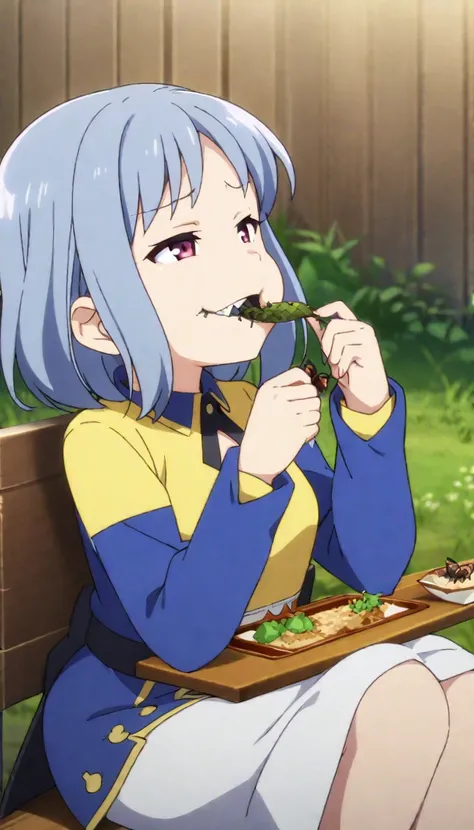 1girl, Sitting Girl, meal, (Eats small insects:1.3), smug_ness, fantasy_clothed, (Biting off small insects:1.4), anime, eating,