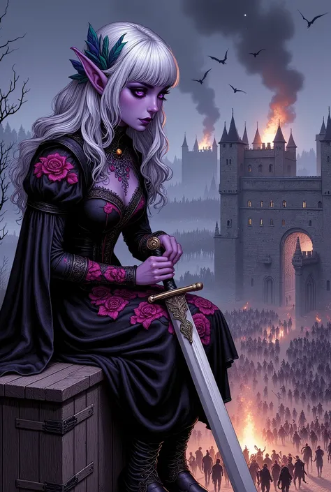 (Ultra-detailed face, Looking away, Fantasy Illustration with Gothic, Dark tone colors, Perspective looking down from above), BREAK 
(A dark elf woman sits on an old, charred wooden box on a landing above the city walls in front of a small bonfire, quietly...