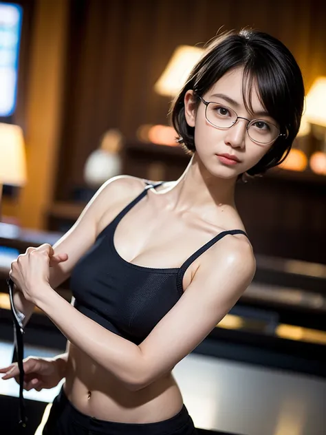 Photo of a beautiful woman standing on Modern city hotel bar, (masterpiece:1.2, highest quality), (Realistic, photoRealistic:1.4), Beautiful illustrations, (Natural Side Lighting, Cinema Lighting), Written boundary depth, Beautiful thighs staring at the vi...