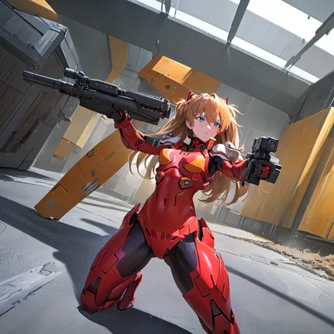 Girl shooting pose, One Girl, Shooting with an assault rifle, Sophisticated Assault Rifle, High-performance assault rifle, Dynamic Perspective,(8k, Best Quality, masterpiece:1.2, Highly detailed, Very detailed),Asuka Langley,Plug Suit