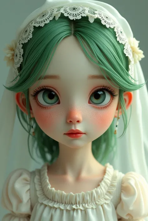 a very detailed 3D cartoon portrait of a girl with freckles, red lips, moss green hair, and a white veil around her head, in the style of Tim Burton, (best quality,4k,8k,highres,masterpiece:1.2),ultra-detailed,(realistic,photorealistic,photo-realistic:1.37...