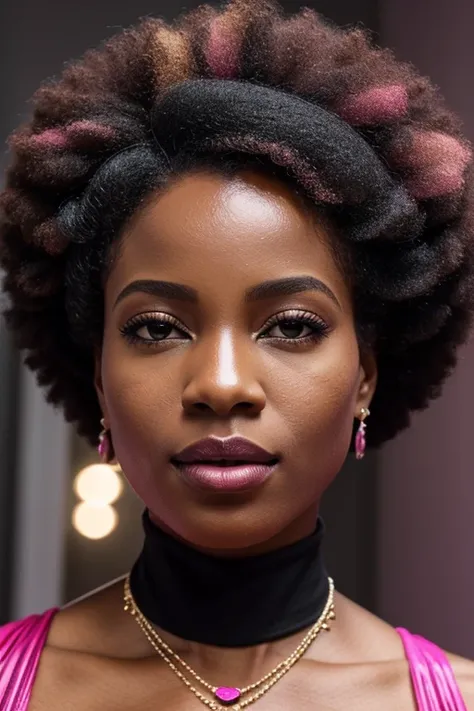 uma mulher com um grande afro hair usando um colar, afro, black woman, , Afro-americano, , afro futurist, com afro, afro hair,, bela, photo of a black woman, African black princess, African-American woman, afro futurism, stunning woman, Dark skin,,,Perfect...