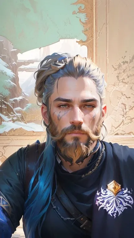 A close-up of a man with long hair and a beard, highly detailed character, Detailed character portrait, fantasy concept art portrait, Awesome character art, Exquisite and epic character art, portrait of wild end cape, Represented in crown, fantasy male por...