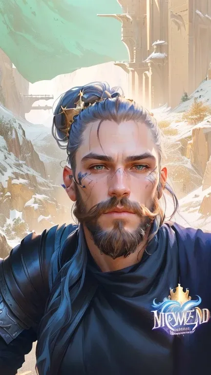 A close-up of a man with long hair and a beard, highly detailed character, Detailed character portrait, fantasy concept art portrait, Awesome character art, Exquisite and epic character art, portrait of wild end cape, Represented in crown, fantasy male por...