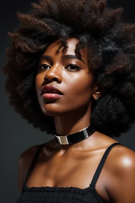 uma mulher com um grande afro hair usando um colar, afro, black woman, , Afro-americano, , afro futurist, com afro, afro hair,, bela, photo of a black woman, African black princess, African-American woman, afro futurism, stunning woman, Dark skin,,,Perfect...